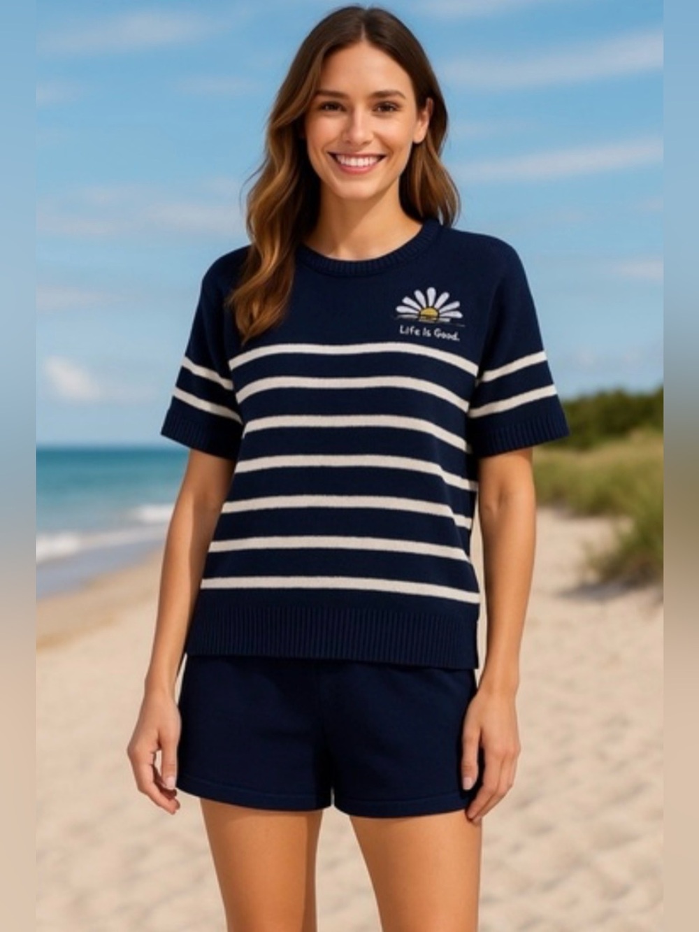 nautical lake navy and white striped knit 2 pieces set short bottoms size L NEW